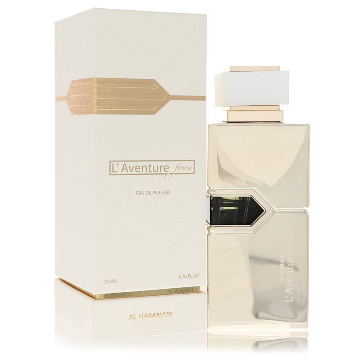 Al Haramain L'aventure Femme eau de parfum spray for women, 6.7 oz bottle, elegant design and floral fragrance visible.