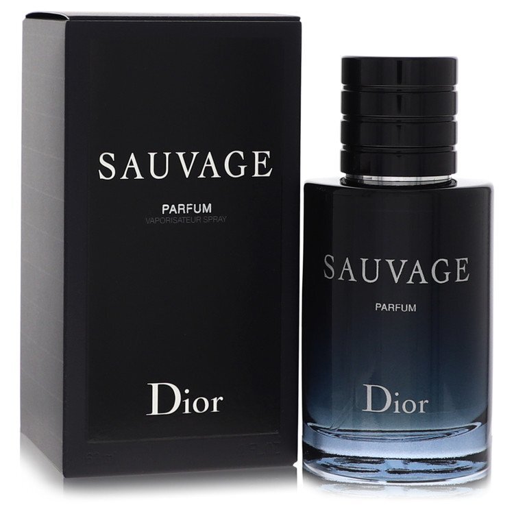 Christian Dior Sauvage men's parfum spray in 2 oz bottle with sleek design and branding.