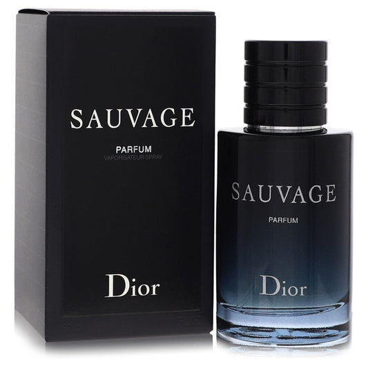Christian Dior Sauvage men's parfum spray in 2 oz bottle with sleek design and branding.