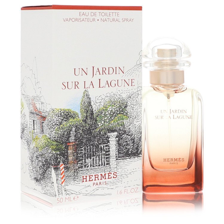 Hermes Un Jardin Sur La Lagune Eau de Toilette spray for women, 1.6 oz, featuring a sleek bottle design and elegant packaging.