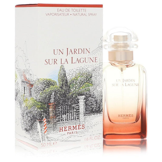 Hermes Un Jardin Sur La Lagune Eau de Toilette spray for women, 1.6 oz, featuring a sleek bottle design and elegant packaging.