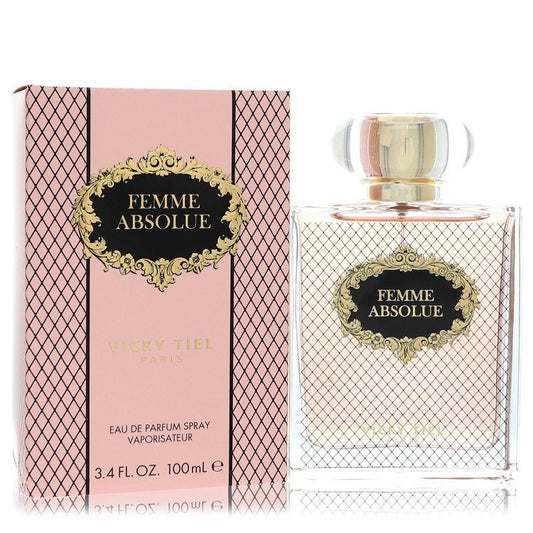Vicky Tiel Femme Absolue Eau de Parfum spray in 3.4 oz bottle, featuring elegant packaging and floral fragrance design