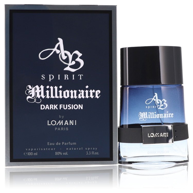Lomani Spirit Millionaire Dark Fusion men's eau de parfum spray in 3.3 oz bottle, featuring dark-colored packaging and elegant design.