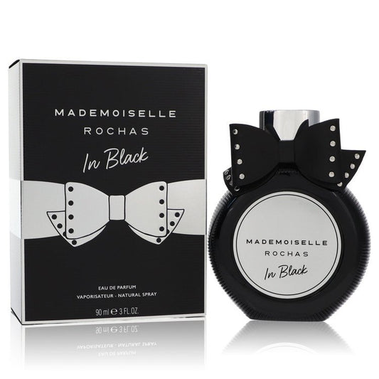 Rochas Mademoiselle Rochas In Black Eau De Parfum spray for women, 3 oz, with a sleek black bottle and elegant design.