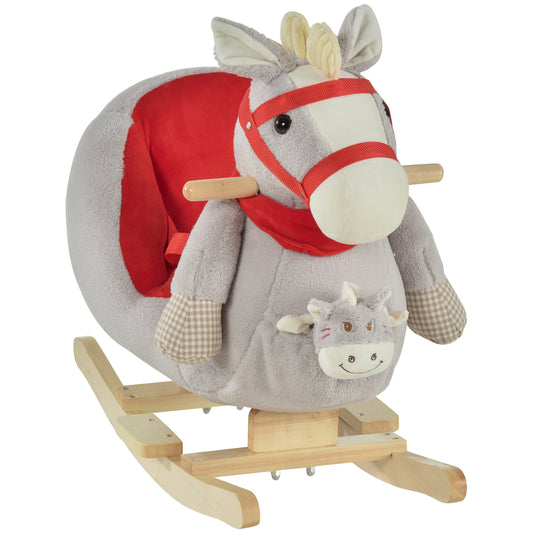 Kids Ride-On Rocking Horse Toy, Rocker with Lullaby Song, Hand Puppets & Soft Plush Fabric for Children 18-36 Months, Gray