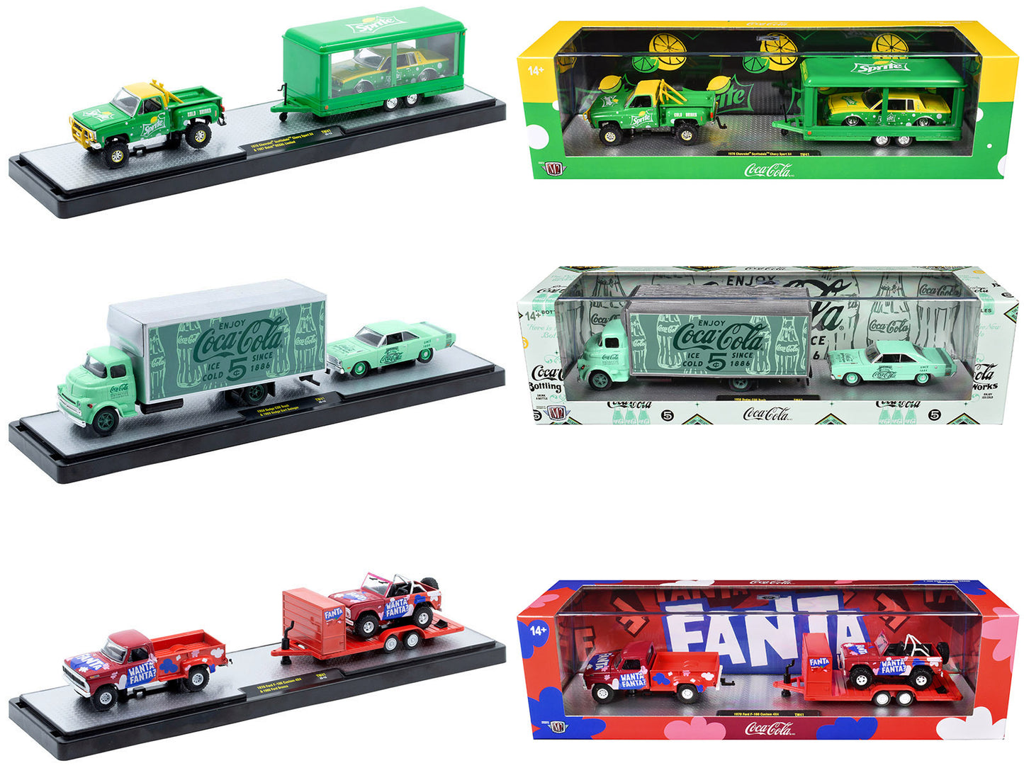 Set of three 1/64 scale M2 Machines Auto Haulers "Soda" diecast models, limited edition release 41, with detailed truck designs.