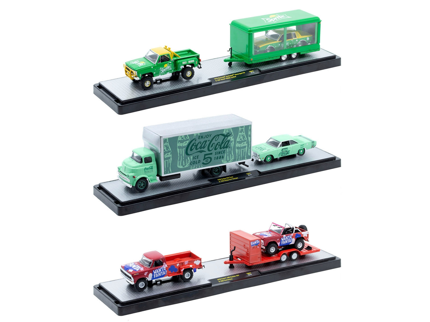 Set of three 1/64 scale Auto Haulers Soda limited edition diecast models by M2 Machines, featuring detailed vehicle designs.