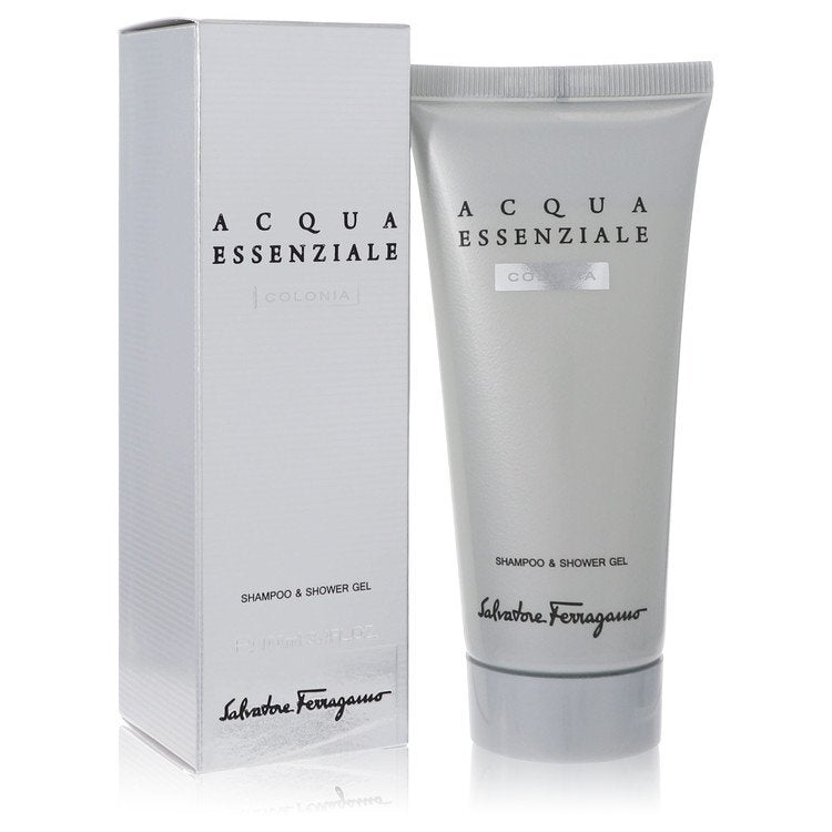 Salvatore Ferragamo Acqua Essenziale Colonia shower gel in 3.4 oz bottle, men's fragrance and grooming product.
