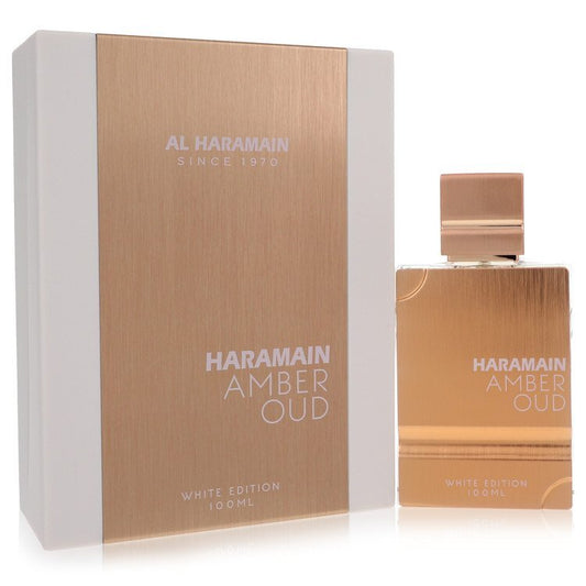 Al Haramain Amber Oud White Edition unisex Eau De Parfum spray, 3.4 oz, featuring a sleek bottle design.