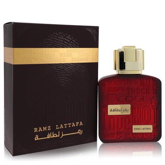 Lattafa Ramz Gold unisex Eau de Parfum spray, 3.4 oz, featuring luxurious gold packaging and elegant bottle design.