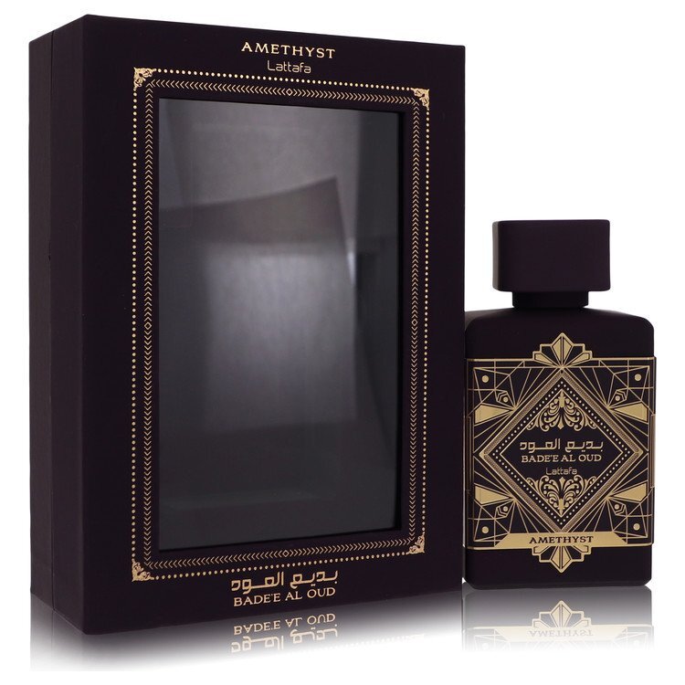 Lattafa Badee Al Oud Amethyst unisex Eau De Parfum spray in 3.4 oz bottle, featuring purple packaging and elegant design.