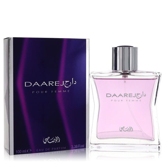 Rasasi Daarej women's Eau De Parfum spray bottle with elegant packaging, 3.38 oz, showcasing the Rasasi brand.