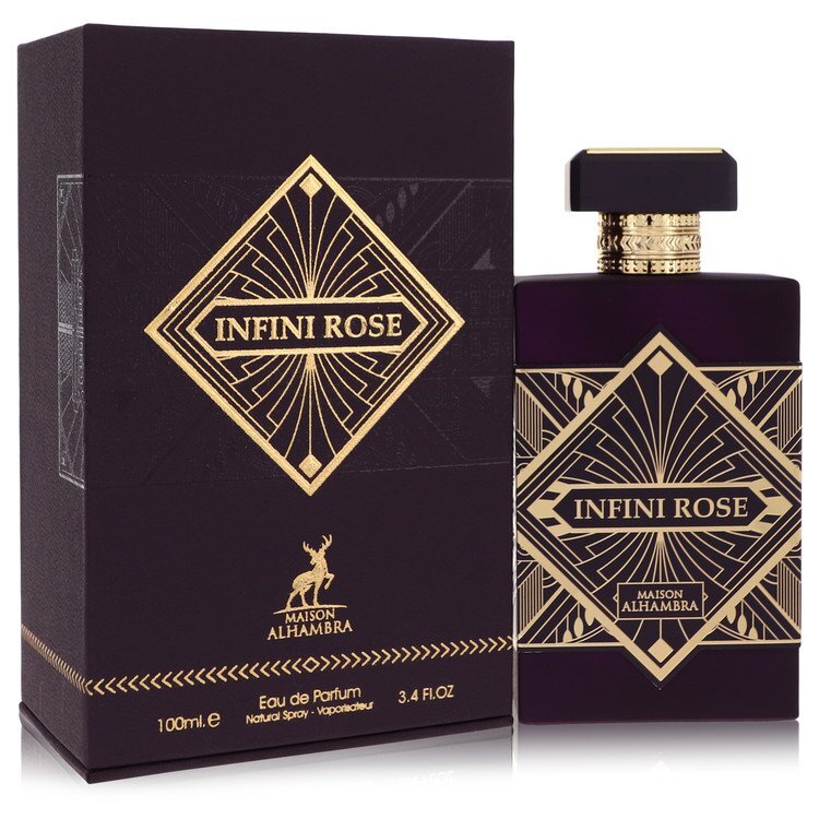 Maison Alhambra Infini Rose unisex Eau De Parfum spray in 3.4 oz bottle, featuring floral rose notes and elegant design.
