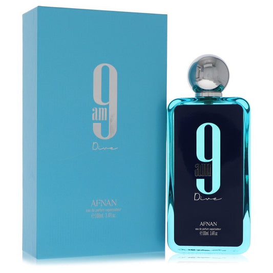 Afnan 9Am Dive unisex Eau de Parfum spray 3.4 oz bottle, featuring sleek design and black cap.