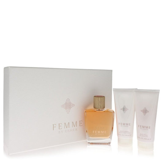 Usher Femme gift set with 3.4 oz Eau De Parfum, body lotion, and shower gel for women in stylish packaging.