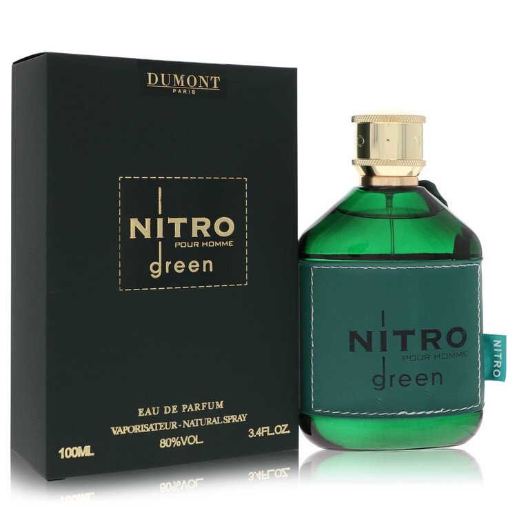 Dumont Nitro Green Eau de Parfum spray for men, 3.4 oz, featuring a sleek bottle with vibrant green accents.