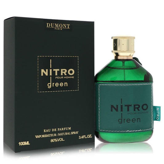 Dumont Nitro Green Eau de Parfum spray for men, 3.4 oz, featuring a sleek bottle with vibrant green accents.