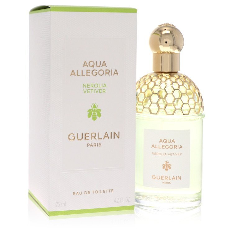 Guerlain Aqua Allegoria Nerolia Vetiver unisex Eau de Toilette spray, 4.2 oz bottle with green and orange floral design.