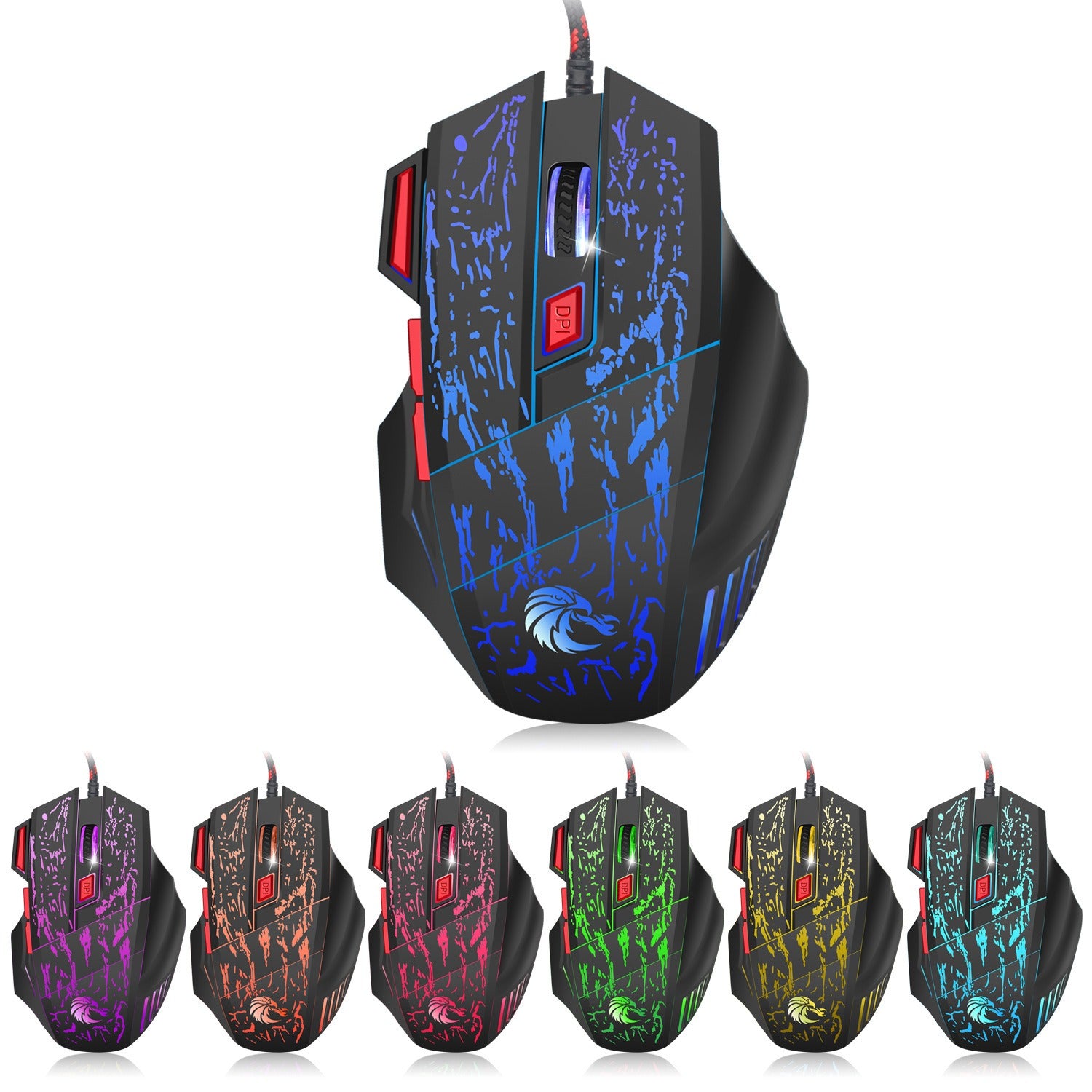 Colorful luminous wired gaming mouse featuring a crack pattern and blaze bird design by eprolo.