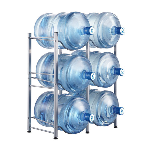 3 Tiers Water Jug Holder, 5 Gallon Water Bottle Holder, Double Row Water Bottle Rack for 6 Bottles, Heavy Duty Water Jug Rack for Kitchen, Office, Living Room, Silver - American Smart