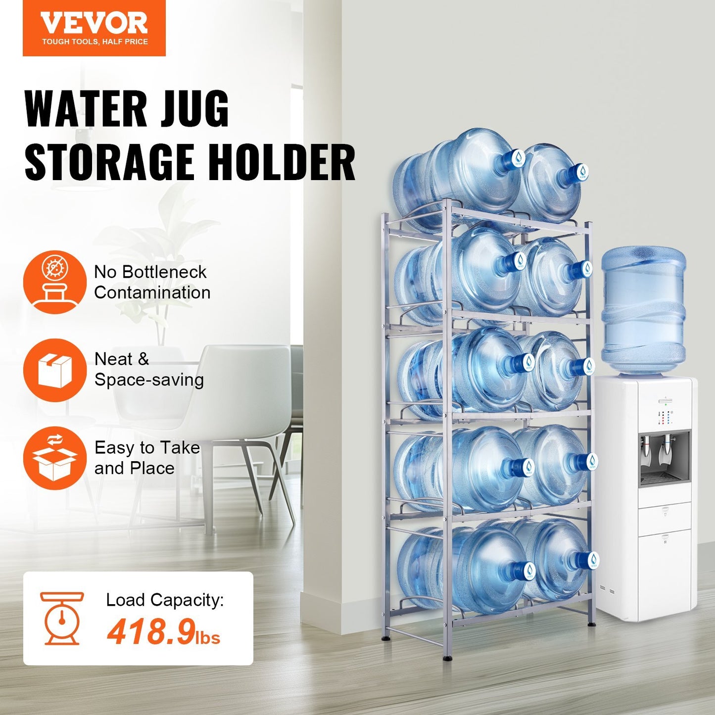 5 Tiers Water Jug Holder, 5 Gallon Water Bottle Holder, Double Row Water Bottle Rack for 10 Bottles, Heavy Duty Water Jug Rack for Kitchen, Office, Living Room, Silver Gray - American Smart