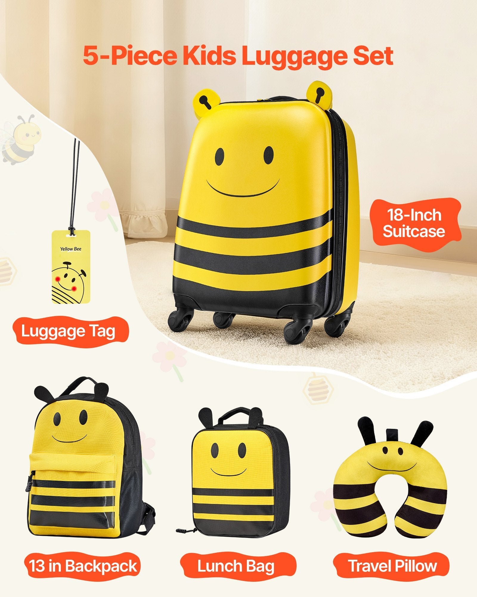 Kids Luggage Set, 5 Piece, 18 Inch Hardside Rolling Wheels Suitcase with Backpack & U-shape Pillow, Bee Kids Carry on Luggage Set, Holiday Birthday Gift for Girls Boys, Airline Approved - American Smart