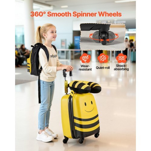 Kids Luggage Set, 5 Piece, 18 Inch Hardside Rolling Wheels Suitcase with Backpack & U-shape Pillow, Bee Kids Carry on Luggage Set, Holiday Birthday Gift for Girls Boys, Airline Approved - American Smart