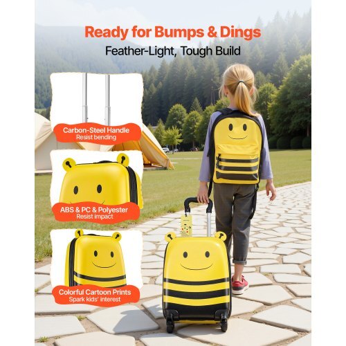 Kids Luggage Set, 5 Piece, 18 Inch Hardside Rolling Wheels Suitcase with Backpack & U-shape Pillow, Bee Kids Carry on Luggage Set, Holiday Birthday Gift for Girls Boys, Airline Approved - American Smart