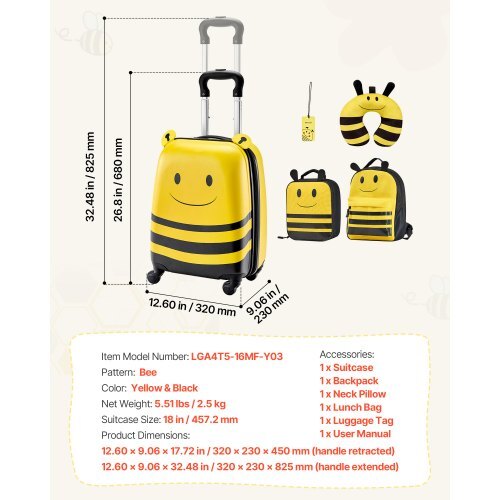 Kids Luggage Set, 5 Piece, 18 Inch Hardside Rolling Wheels Suitcase with Backpack & U-shape Pillow, Bee Kids Carry on Luggage Set, Holiday Birthday Gift for Girls Boys, Airline Approved - American Smart