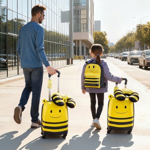 Kids Luggage Set, 5 Piece, 18 Inch Hardside Rolling Wheels Suitcase with Backpack & U-shape Pillow, Bee Kids Carry on Luggage Set, Holiday Birthday Gift for Girls Boys, Airline Approved - American Smart