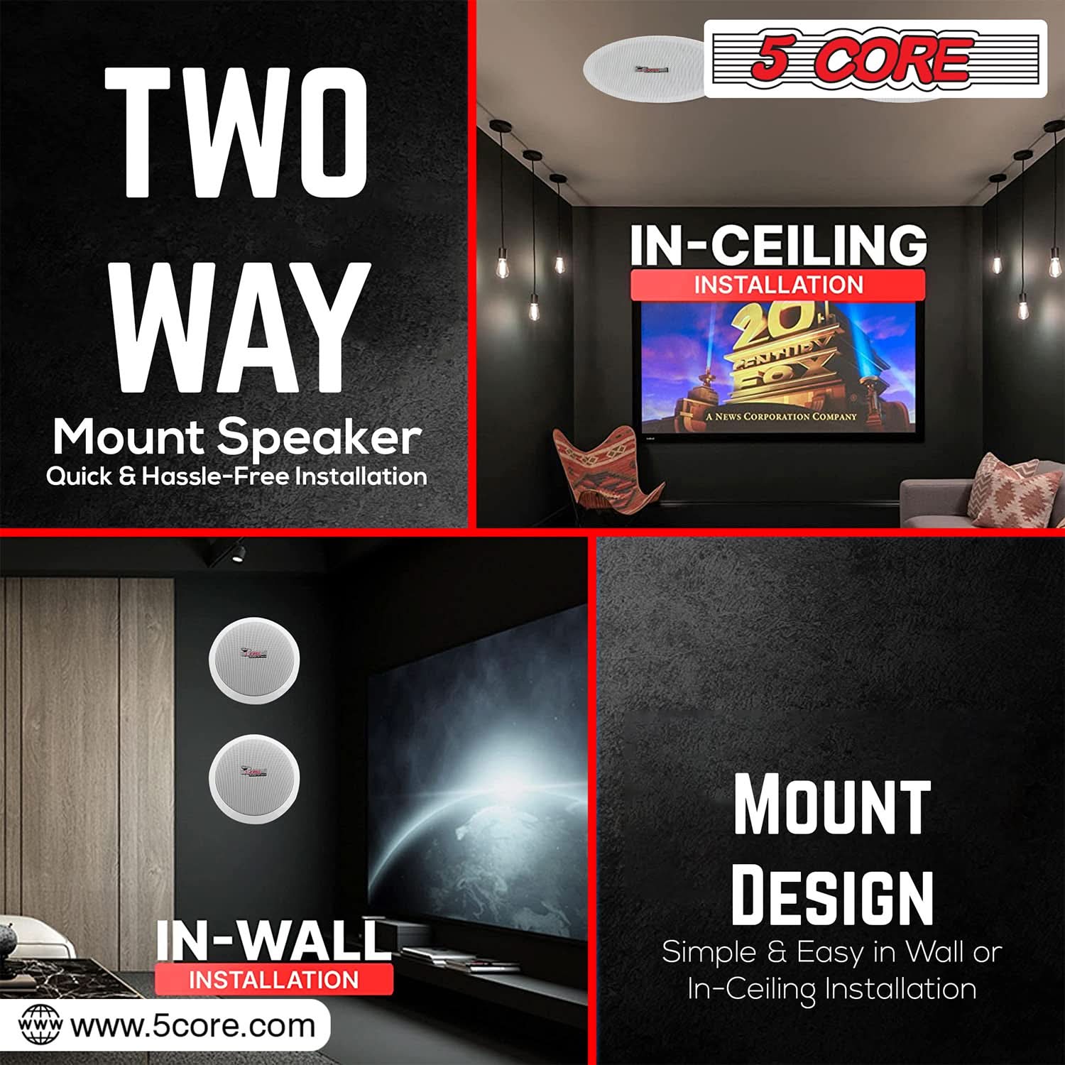 5Core Ceiling Speaker 6.5 Inch In Wall 2 Way Home Audio Mount 60W Sound System-2