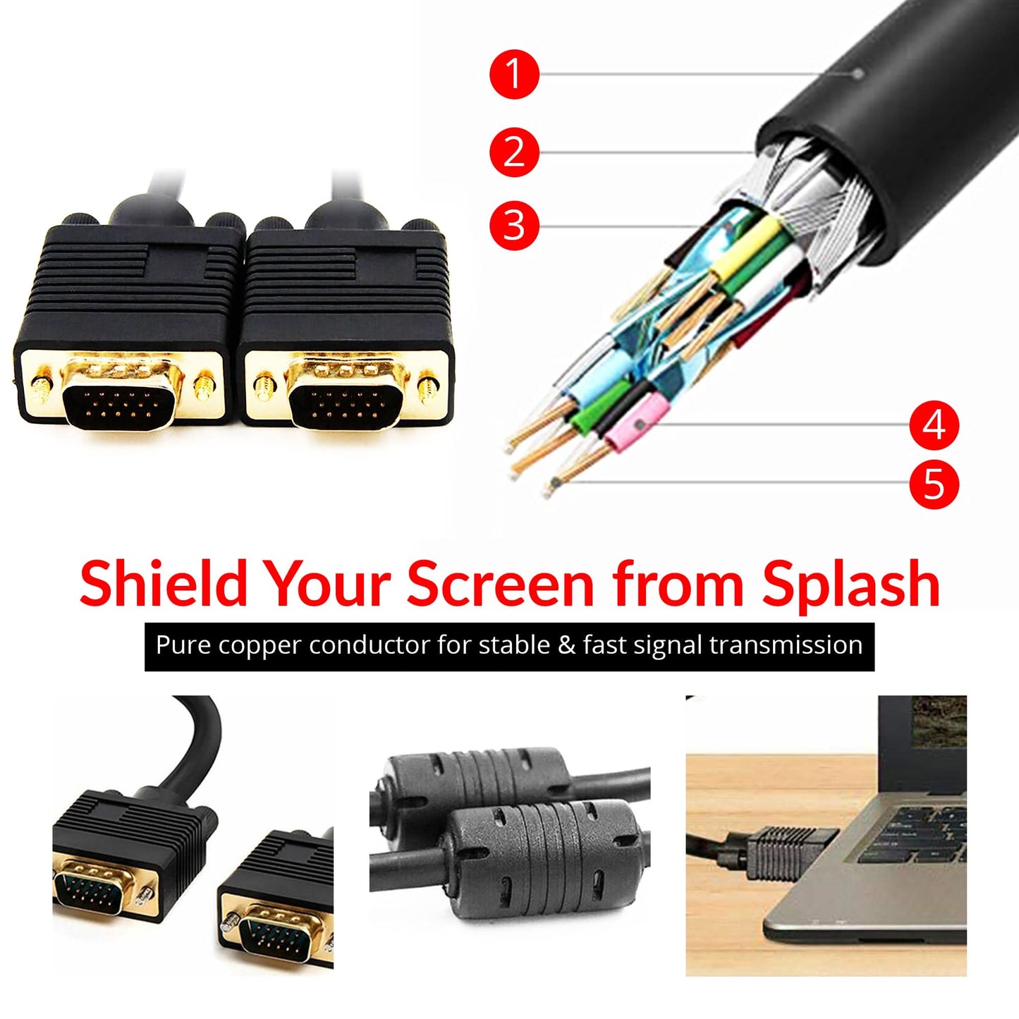 5Core VGA to VGA Cable 6Ft 15 Pin VGA Male to Male Video Transmission Extension Cord-4