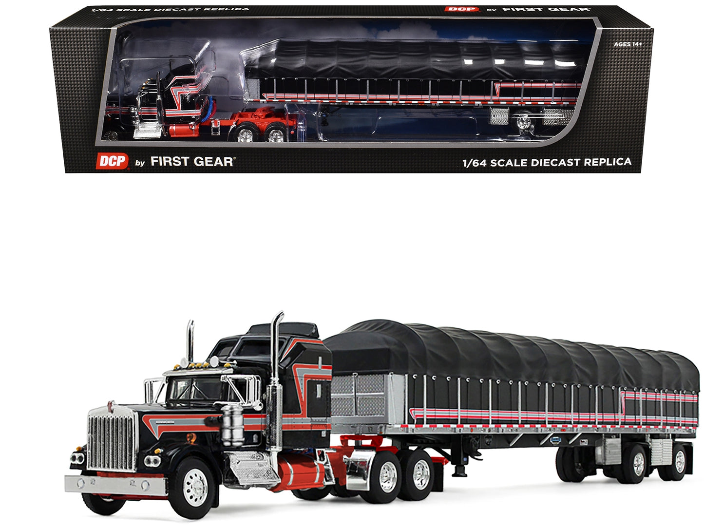 Detailed 1/64 diecast model of Kenworth W900A truck with 60" Aerodyne Sleeper and Wilson Roadbrute flatbed trailer, by First Gear.