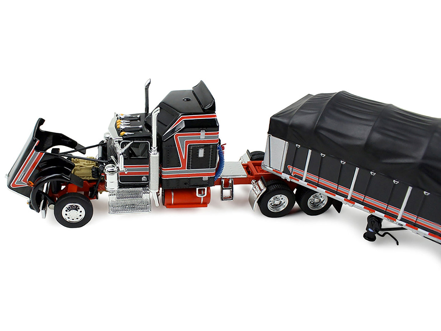 DCP First Gear 1/64 scale Kenworth W900A model with 60" Aerodyne Sleeper and Wilson Roadbrute flatbed trailer with black and red stripes