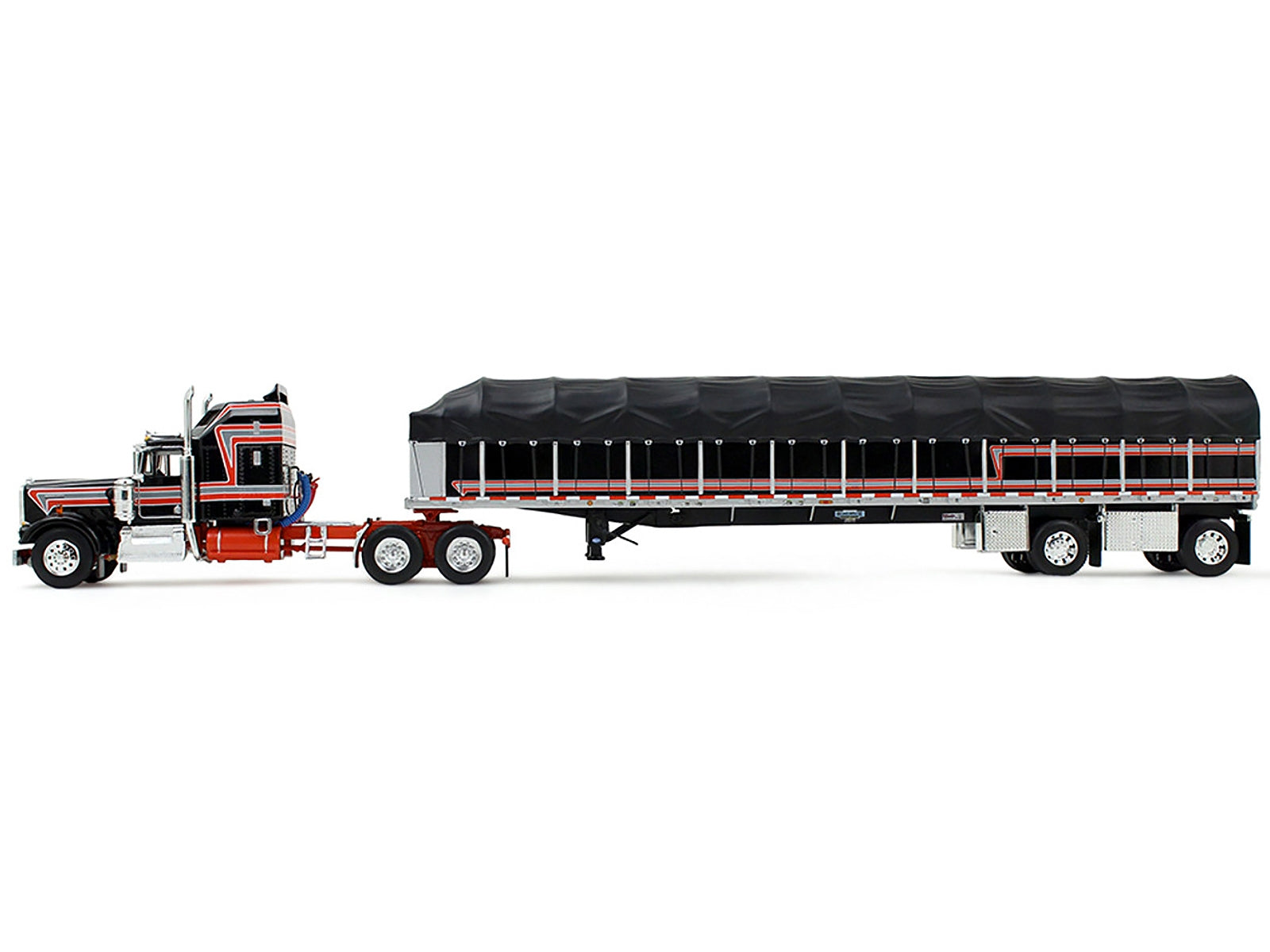 DCP/First Gear 1/64 diecast Kenworth W900A model with 60" Aerodyne Sleeper and Wilson Roadbrute flatbed trailer in black with red stripes
