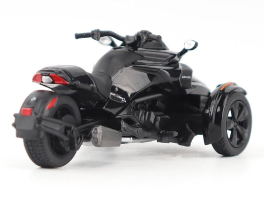 Black metallic Can-Am Spyder F3 3-wheel motorcycle diecast model by BRP Models, detailed and realistic in 1/32 scale.
