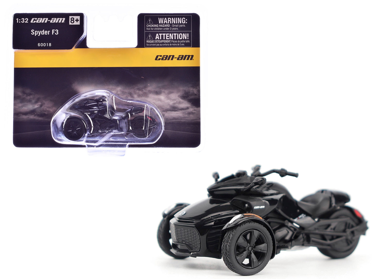 Black metallic Can-Am Spyder F3 3-wheel motorcycle diecast model by BRP Models, detailed 1/32 scale.