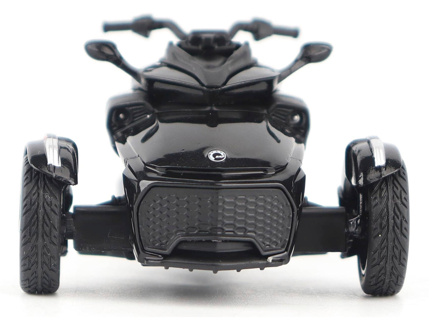 Black metallic Can-Am Spyder F3 3-wheel motorcycle diecast model by BRP Models, detailed scale replica with realistic finish.