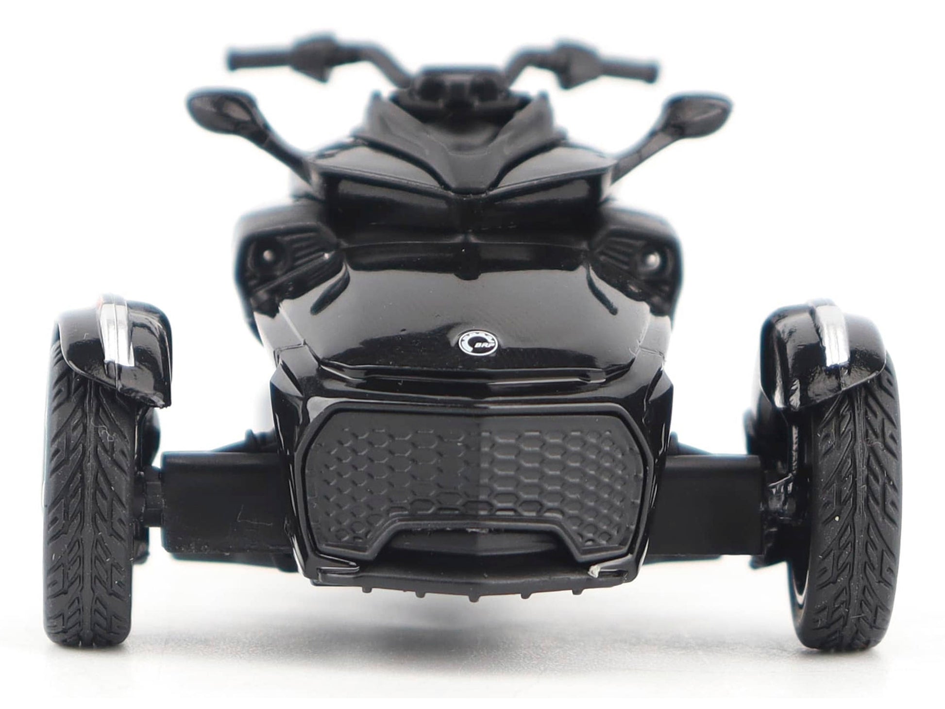Black metallic Can-Am Spyder F3 3-wheel motorcycle diecast model by BRP Models, detailed scale replica with realistic finish.