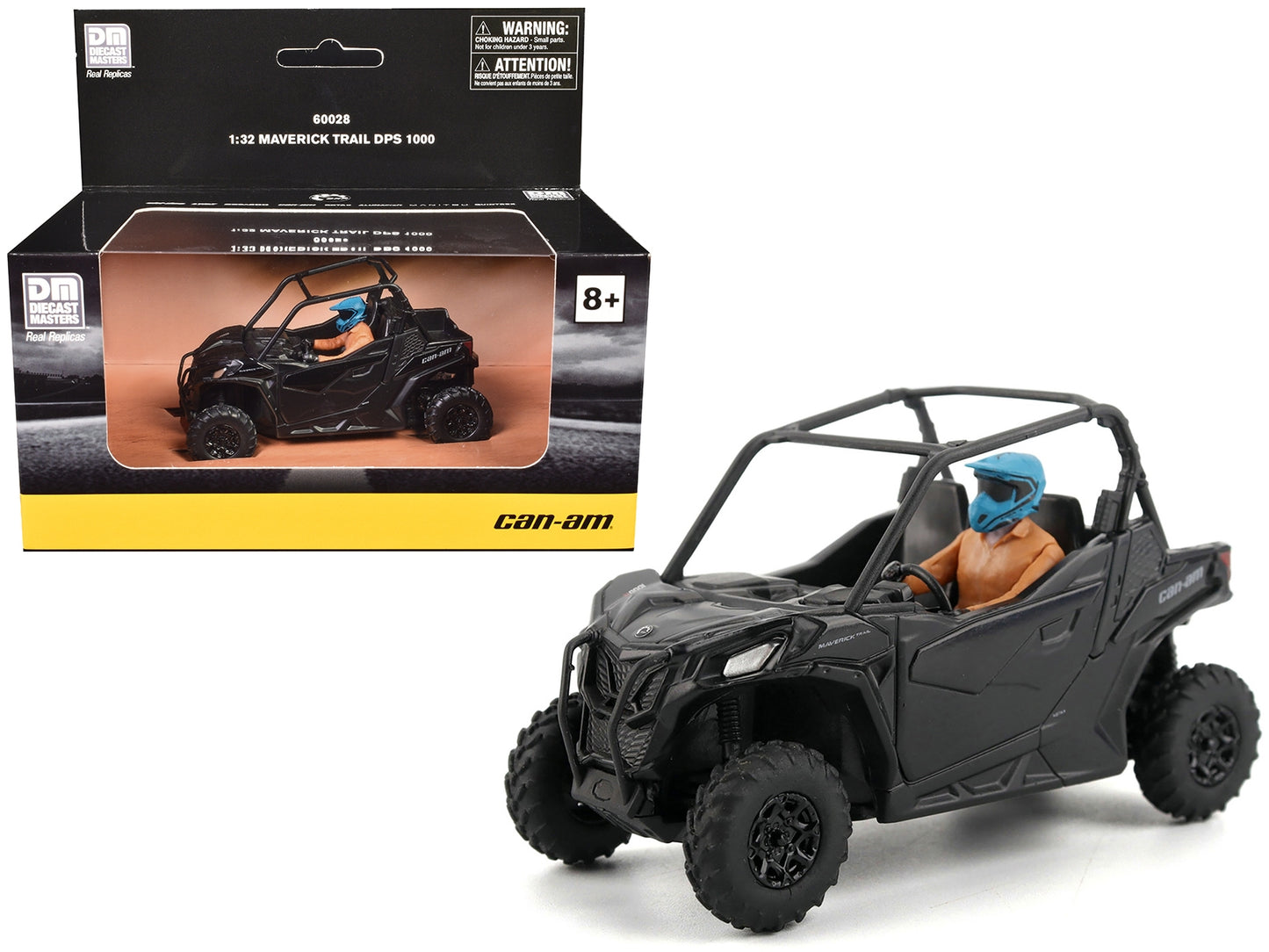 1/32 diecast model of Can-Am Maverick Trail DPS 1000 in matte black by BRP Models, featuring a driver figure.