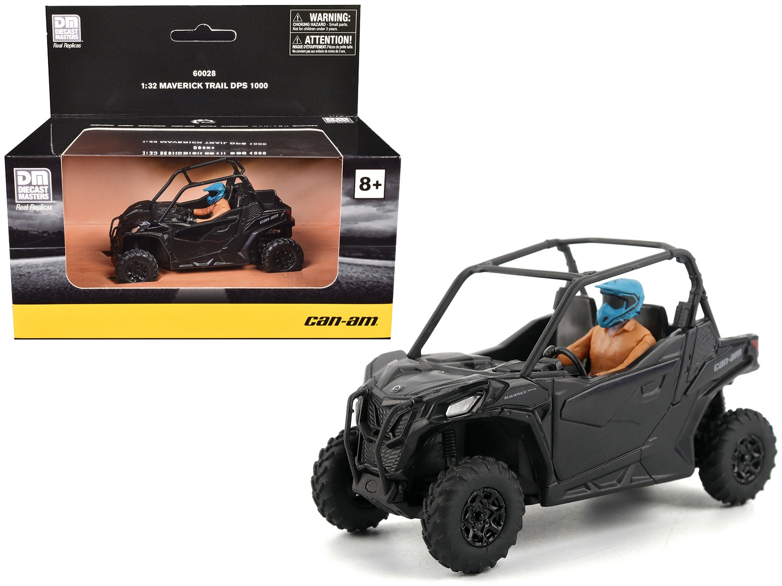 1/32 diecast model of Can-Am Maverick Trail DPS 1000 in matte black by BRP Models, featuring a driver figure.
