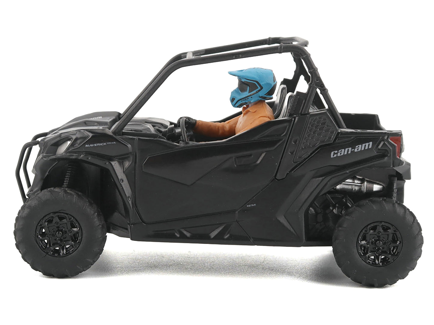 1/32 diecast model of BRP Models Can-Am Maverick Trail DPS 1000 in matte black with driver figure.