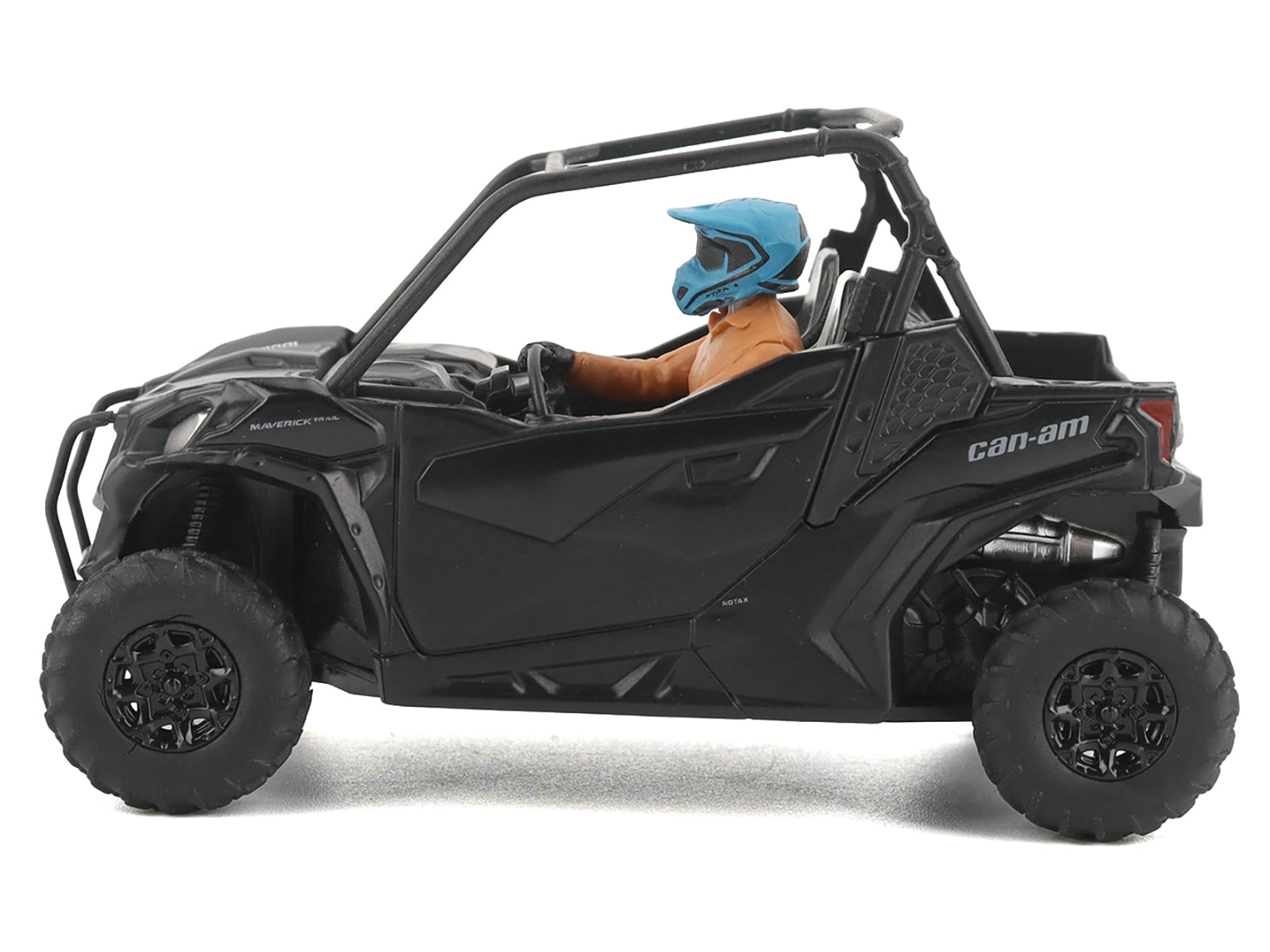 1/32 diecast model of BRP Models Can-Am Maverick Trail DPS 1000 in matte black with driver figure.