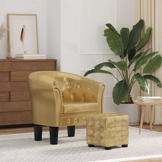 Gold faux leather tub chair with matching footstool by American Smart, featuring a modern armchair and recliner design.