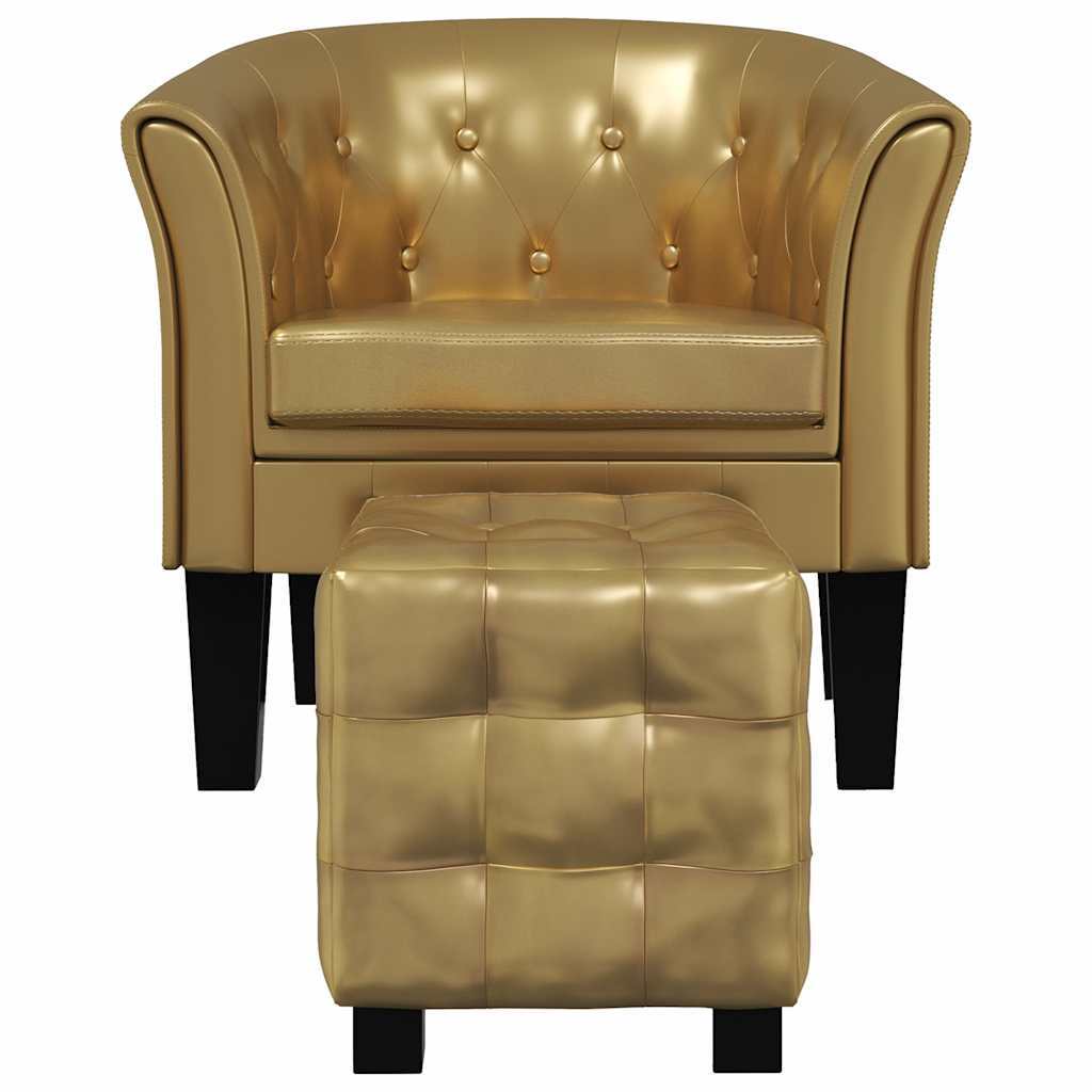 Gold faux leather tub chair with matching footstool from American Smart, featuring plush armrests and modern design.