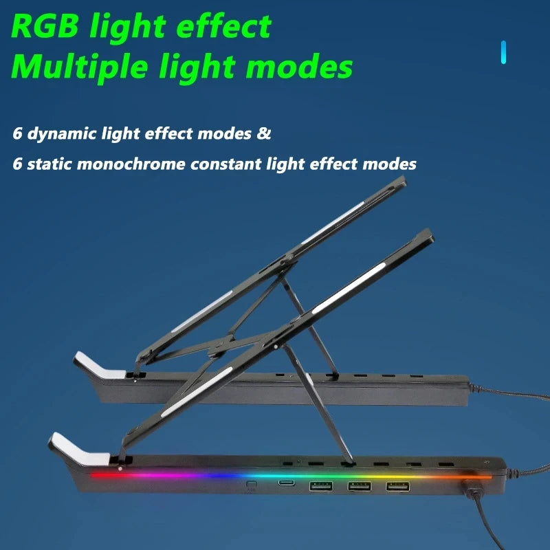 RGB Laptop Stand Adjustable 6 Gear Height Heat Dissipation USB Type-c Hub Ergonomic Notebook Holder for MacBook Tablet Phone