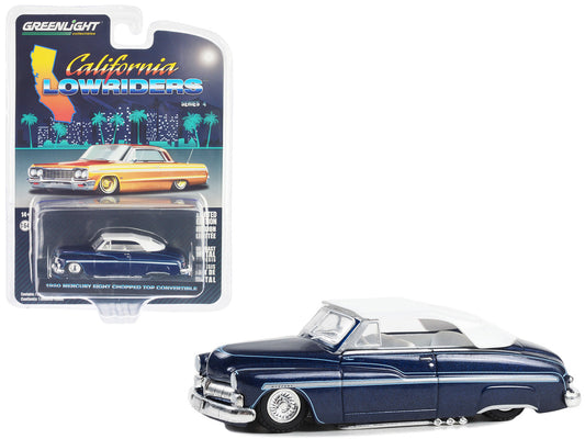1950 Mercury Eight Chopped Top Convertible Lowrider Dark Blue Metallic with Light Blue Pinstripes and White Top and Interior "California Lowriders" Series 4 1/64 Diecast Model Car by Greenlight-0