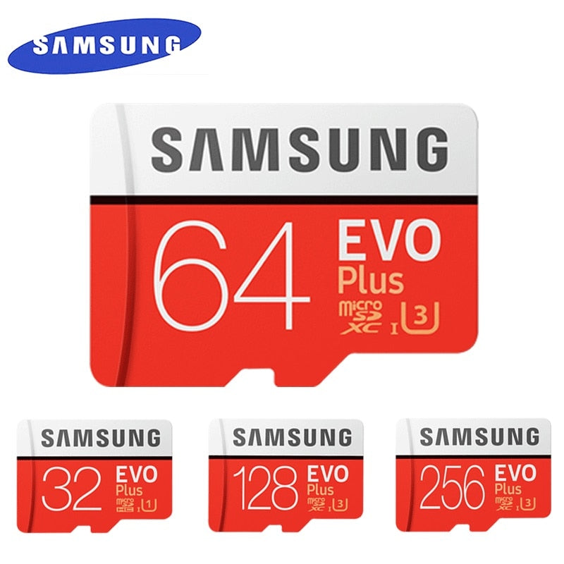 Samsung EVO+ 32GB micro SDHC memory card with Class 10, UHS-I speed, suitable for SDXC devices, shown in close-up.