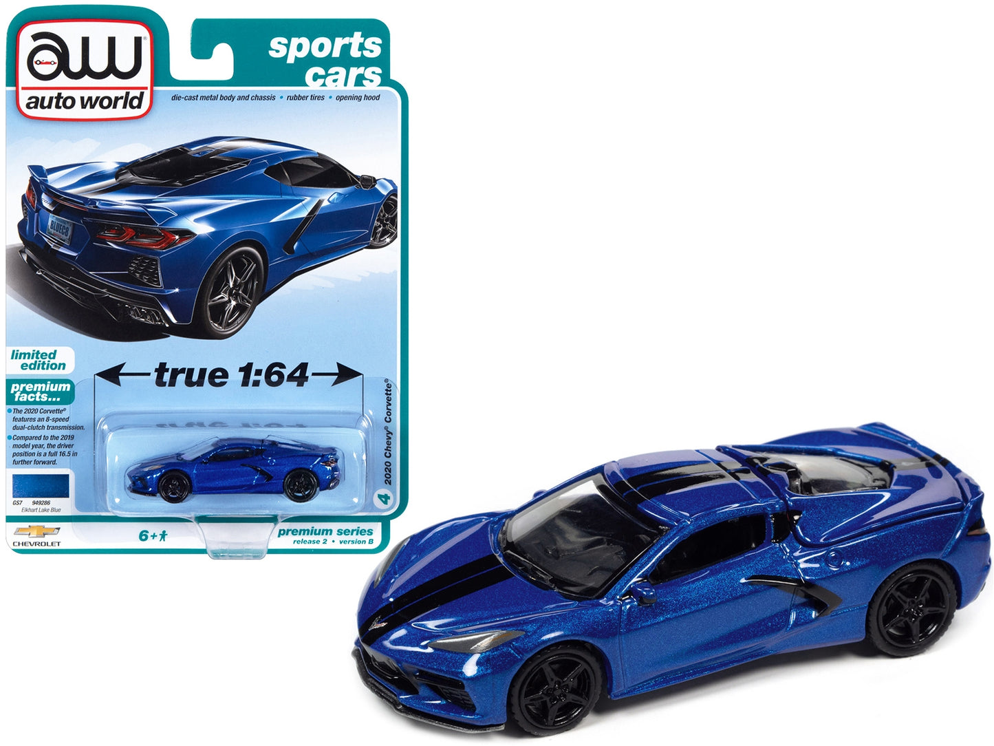 2020 Chevrolet Corvette Elkhart Lake Blue Metallic diecast model car by Auto World, detailed Corvette sports car replica.