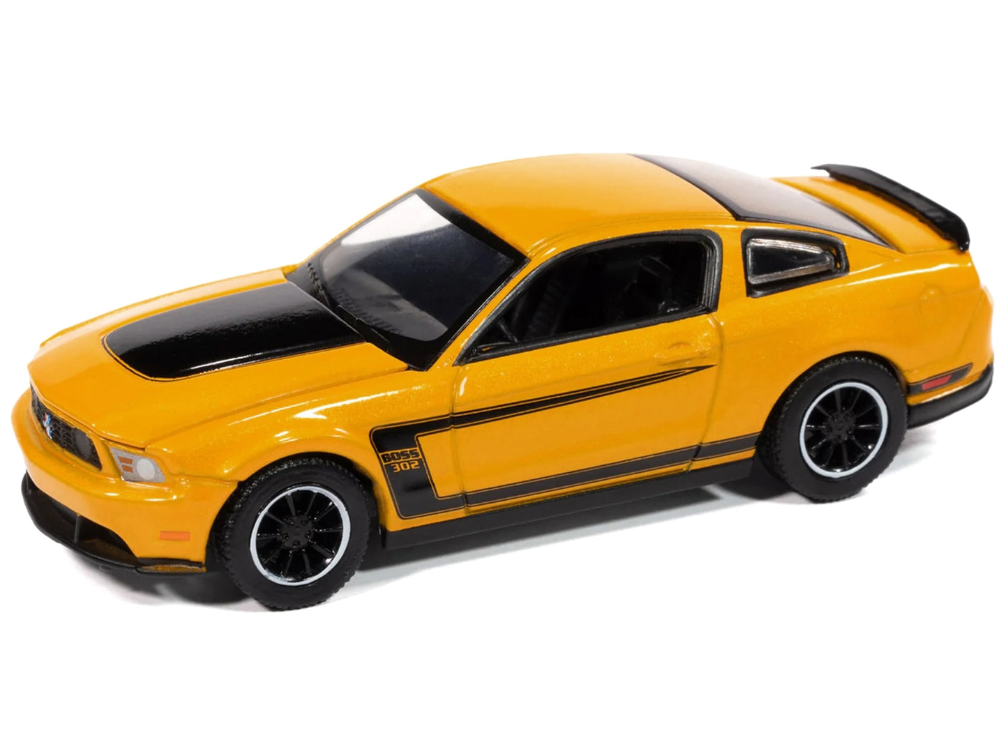 Yellow Blaze 2012 Ford Mustang Boss 302 diecast model car by Auto World from the Modern Muscle series, detailed with black accents.